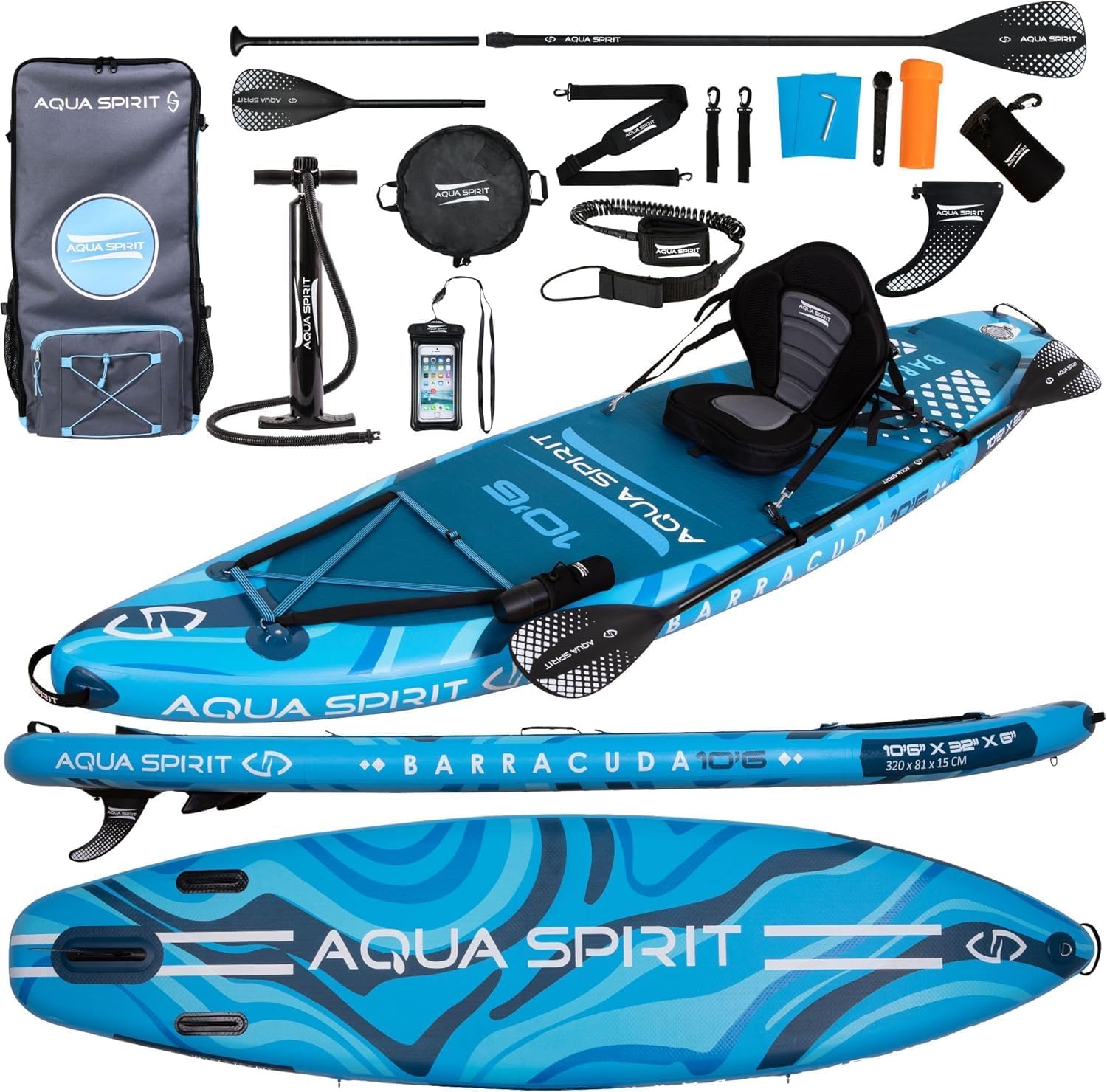 Aqua Spirit Barracuda Sup Planche de Stand up Paddle Gonflable Combo Paddleboard et Kayak Poids Maximum 150 kg Ensemble Complet avec pagaie, Sac à Dos, Pompe et Plus Adultes 320cm Bleu-Daviakanest