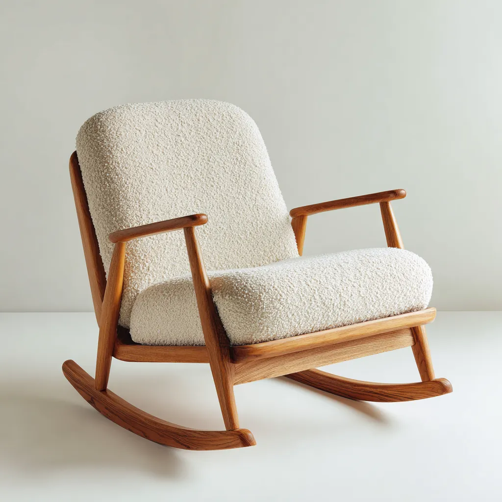 Fauteuil à bascule en bois massif et tissu bouclé 75x90x95 cm - bois naturel-beige - design confortable pour salon-Daviakanest