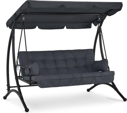 M MCombo balancelle Hollywood 3 Places avec Fonction de lit, avec Coussin d'assise Extra épais et Toit Solaire, balançoire de Jardin pouvant Supporter jusqu'à 300 kg, 202x125x173 cm 4095 Gris-Daviakanest