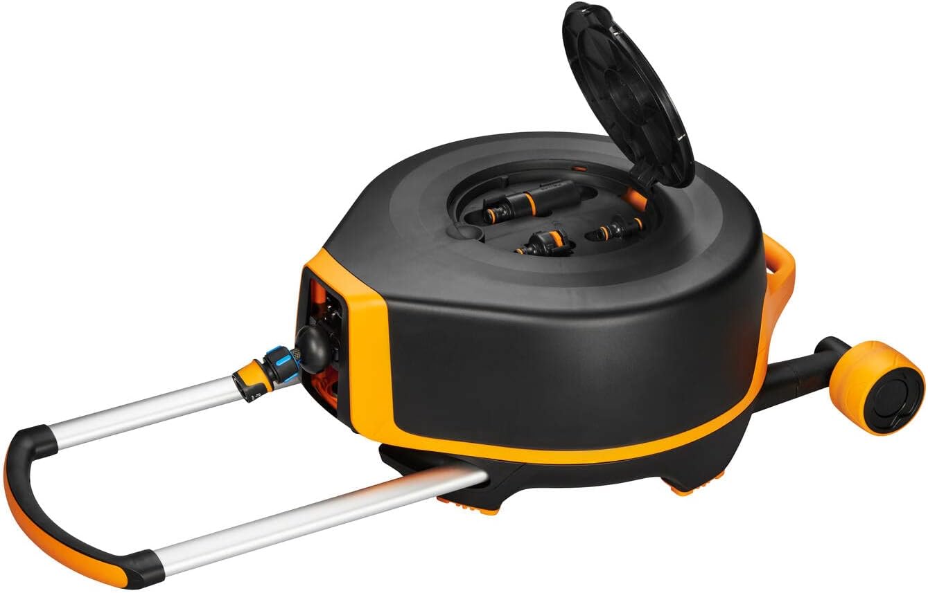 Fiskars Devidoir XL avec Roues, Set d'Arrosage Tout-en-1, Tuyau de 27 m, Tuyau à Enroulement automatique, Tuyau de taille universelle diamètre 13 mm , Raccord universel pour Robinet, noir/orange, 1025933-Daviakanest