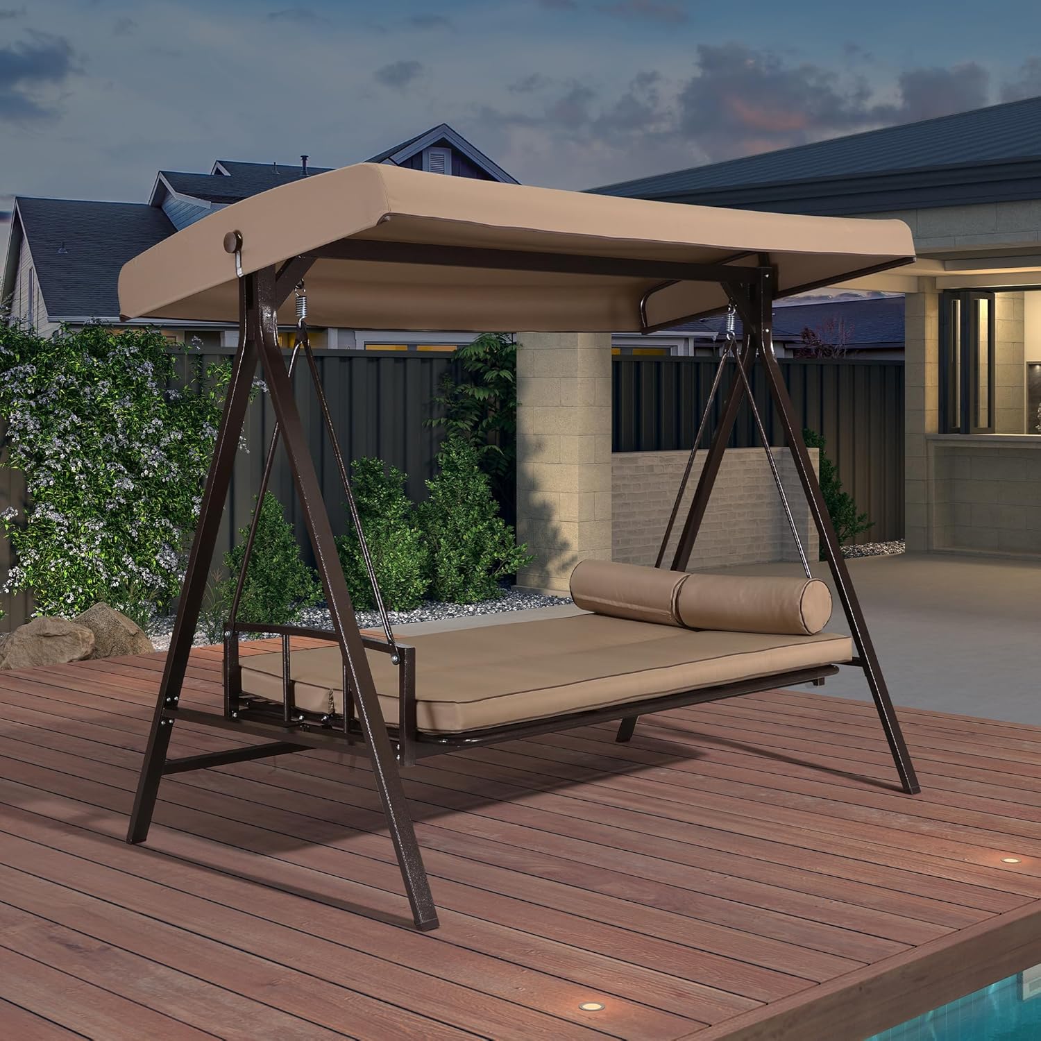 PURPLE LEAF Balancelle de Jardin 3 Places Toit Réglable, Convertible en Balancelle Lit, XL Balancelle Jardin Exterieur avec 5 Coussins, Poids Max 350kg, Kaki-Daviakanest