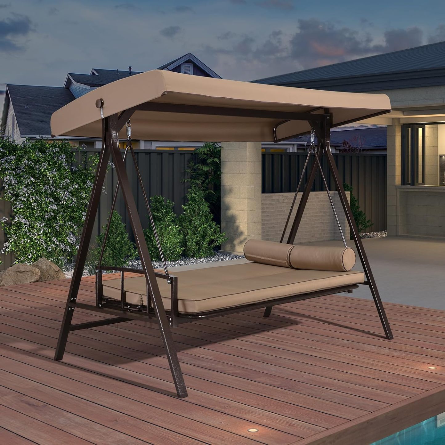 PURPLE LEAF Balancelle de Jardin 3 Places Toit Réglable, Convertible en Balancelle Lit, XL Balancelle Jardin Exterieur avec 5 Coussins, Poids Max 350kg, Kaki-Daviakanest