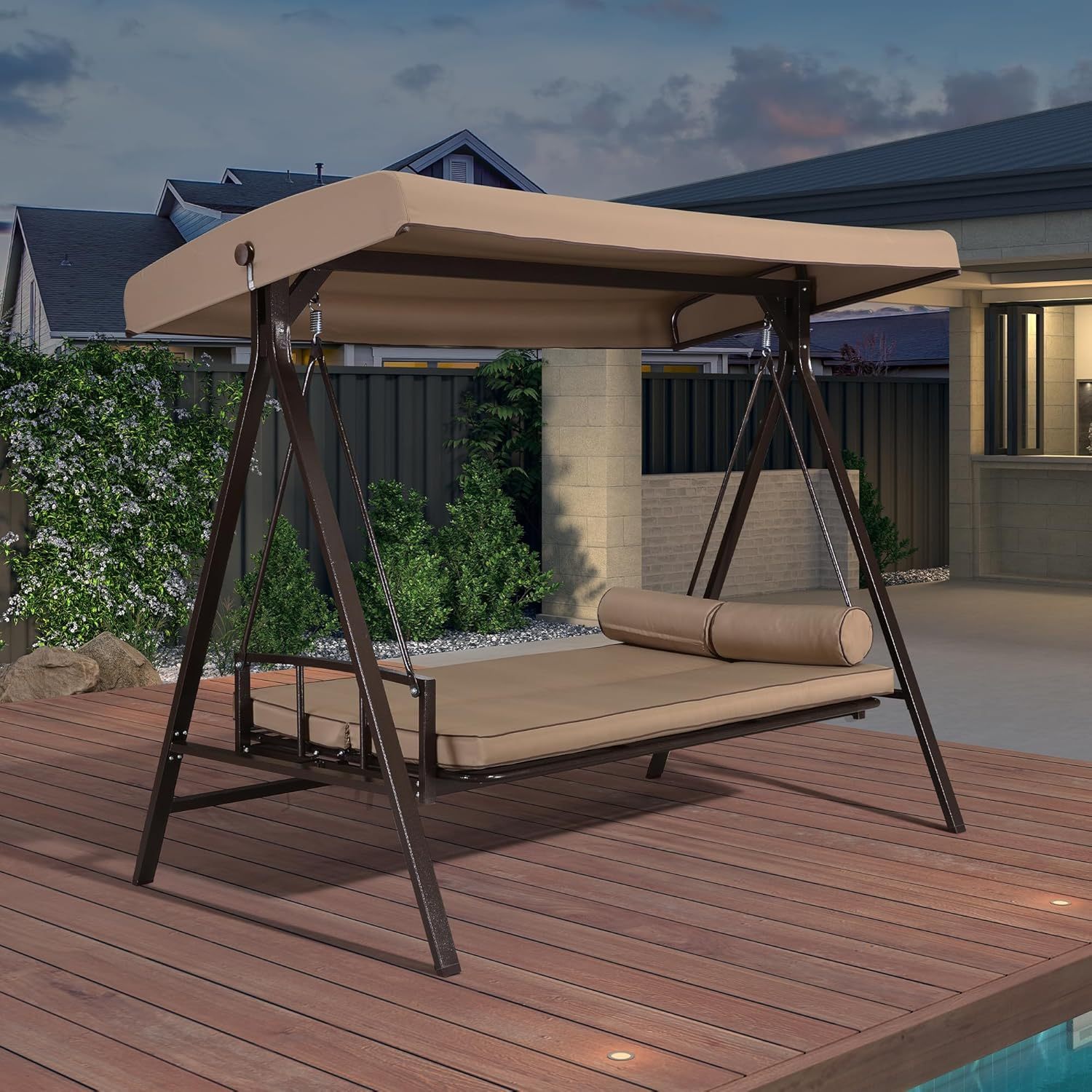 PURPLE LEAF Balancelle de Jardin 3 Places Toit Réglable, Convertible en Balancelle Lit, XL Balancelle Jardin Exterieur avec 5 Coussins, Poids Max 350kg, Kaki-Daviakanest
