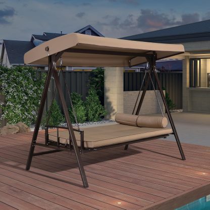 PURPLE LEAF Balancelle de Jardin 3 Places Toit Réglable, Convertible en Balancelle Lit, XL Balancelle Jardin Exterieur avec 5 Coussins, Poids Max 350kg, Kaki-Daviakanest
