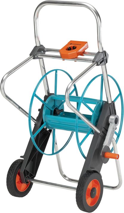 Gardena Dévidoir métal sur roues 100 : enrouleur de tuyau robuste, raccord de tuyau incliné, raccord anti-goutte, manivelle, max. 100 m 1/2 Pouce, 80 m 5/8 Pouce, 50 m 3/4 Pouce, 25 m 1 Pouce-Daviakanest