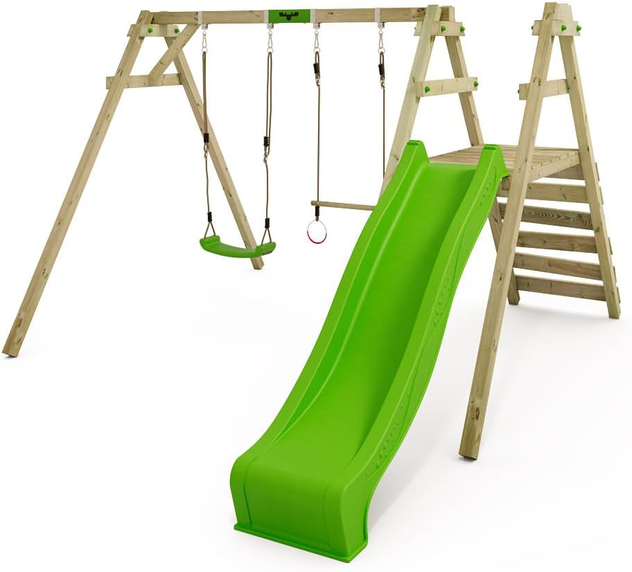 FATMOOSE Portique de Balançoire JollyJack - Double Avec Toboggan Vert Pomme et Annexe à Grimper, en Bois Pour Enfants Dans Le Jardin-Daviakanest