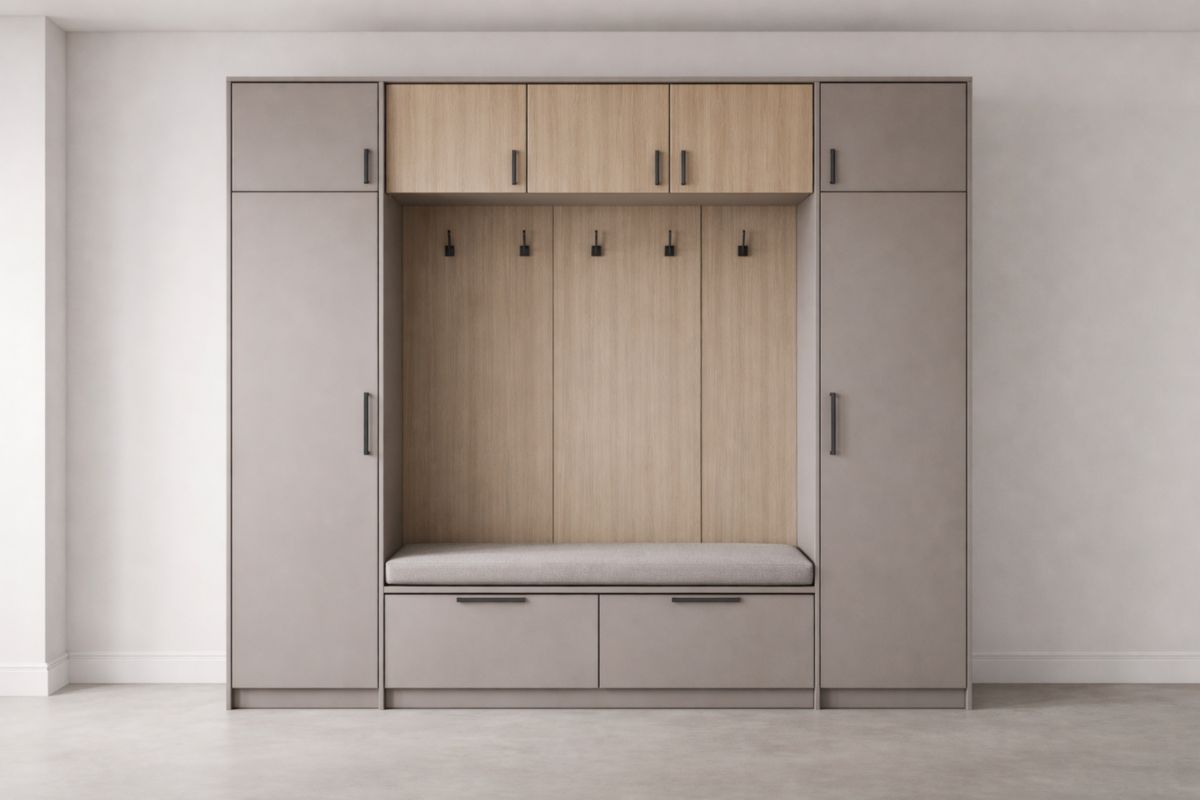 Flurgarderobe-Set aus MDF in Holzoptik mit Polyesterkissen, Grau 240x220x50cm(H × B × T)-Trancozy