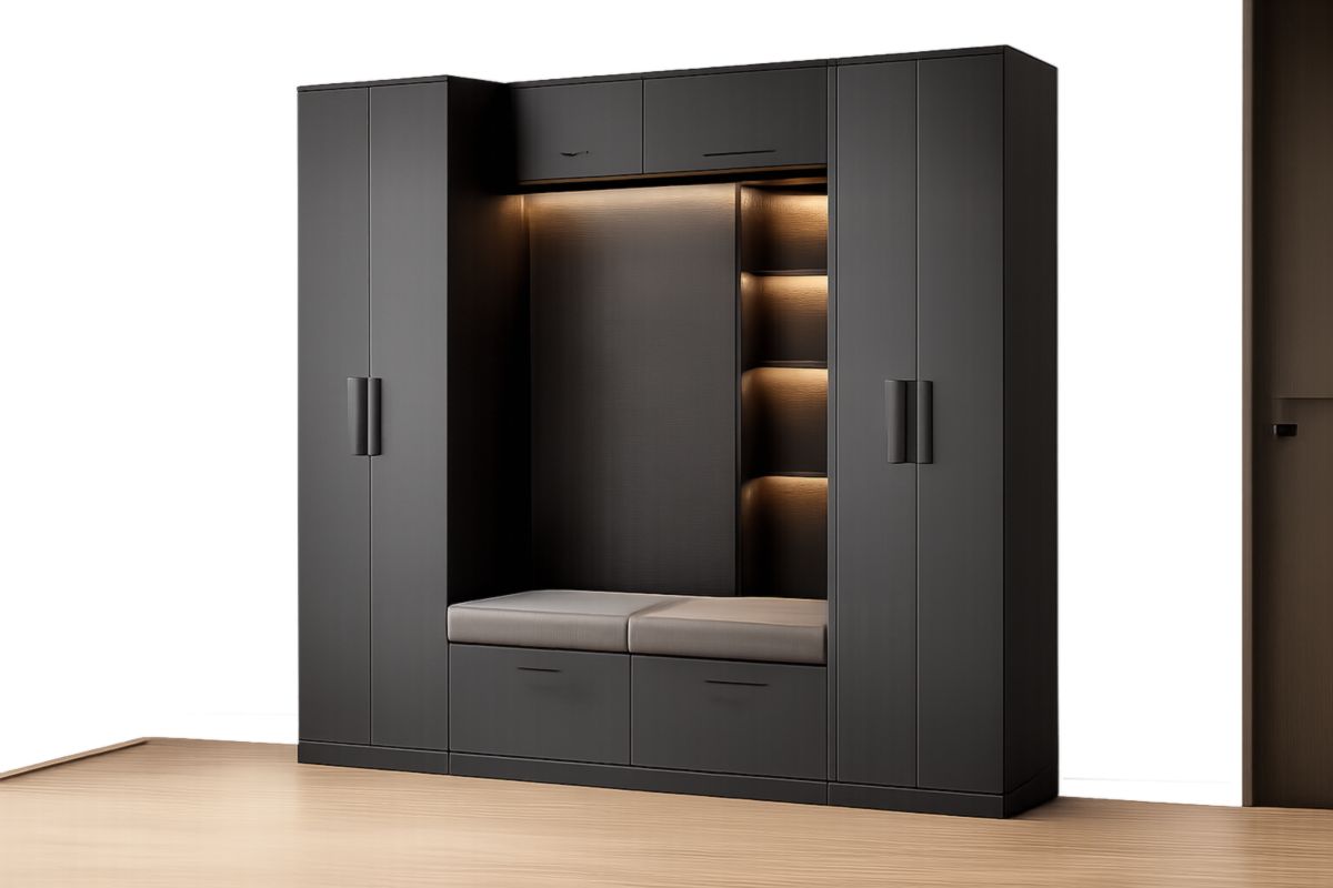 Schwarze Garderobe mit Sitzbank und Regalen aus MDF-Trancozy