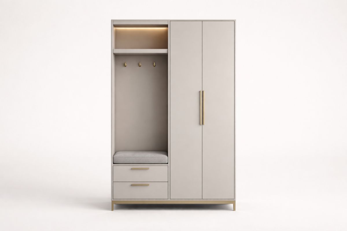 Garderobenschrank aus MDF mit Polsterbank und Schubladen, Hellgrau 180x120x50cm(H × B × T)-Trancozy