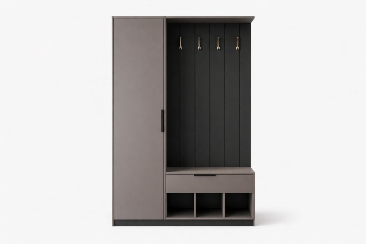 Garderobe aus MDF-Holz mit Sitzbank und Haken in Grau und Schwarz-Trancozy