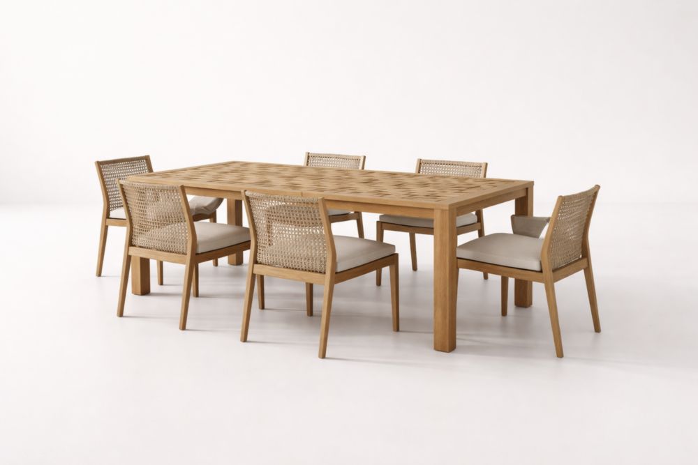 Esszimmerset Massivholz Esstisch mit 6 Stühlen Rattangeflecht Natur-Xelpure