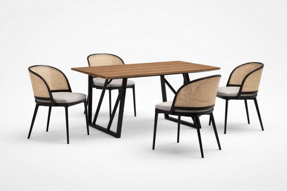 Esstischset Massivholz Tisch und 4 Stühle Rattan Stahl-Xelpure