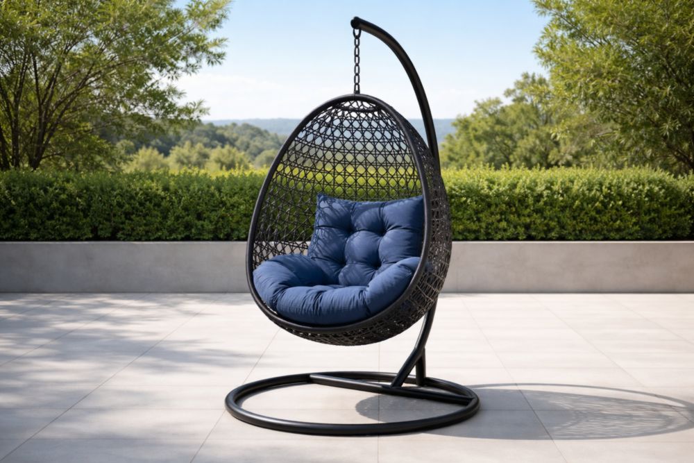 Hängesessel Rattan Stahlrahmen Dunkelblaues Kissen 105cm x 105cm x 195cm-Xelpure