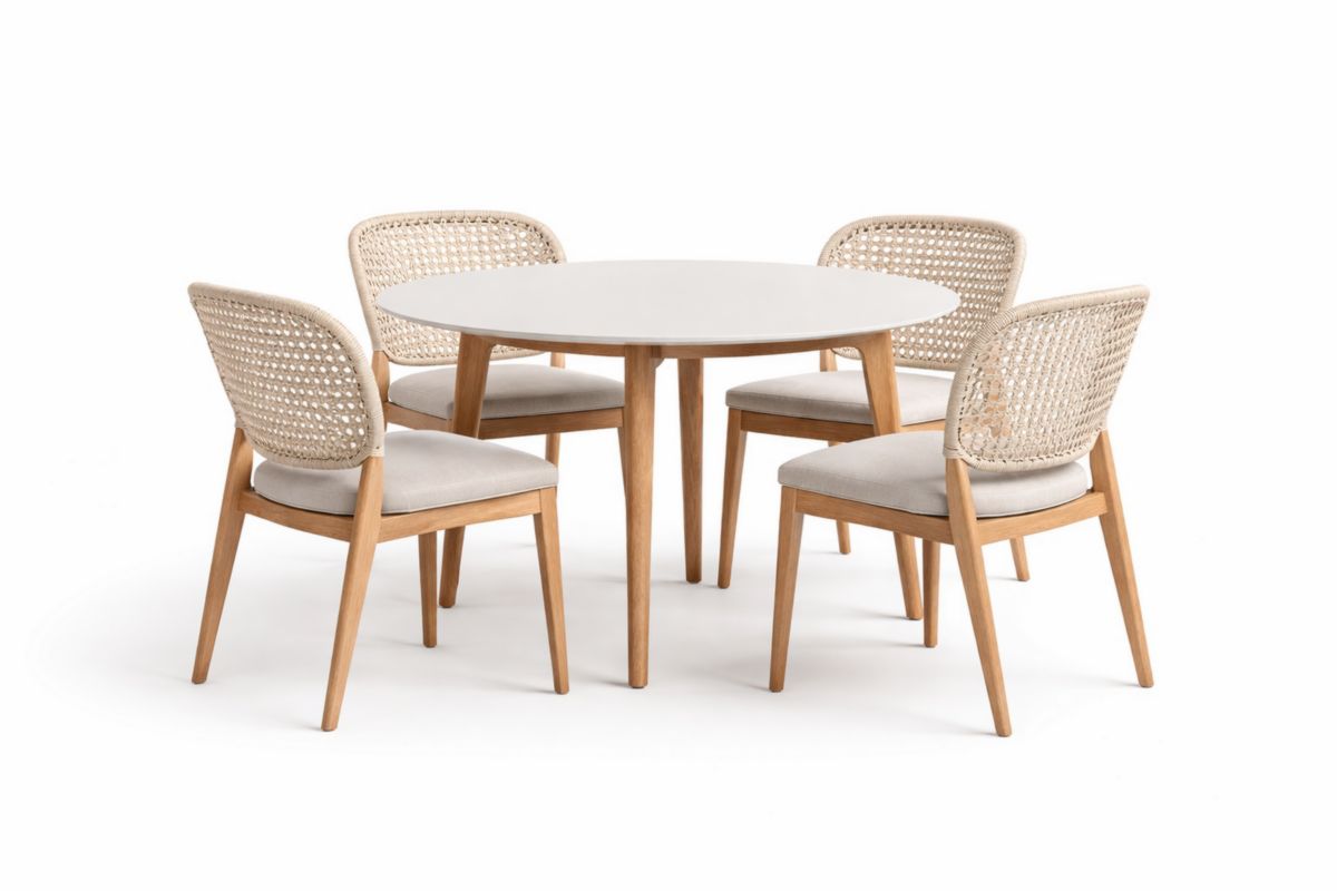 Runder Esstisch-Set mit 4 Stühlen aus Eichenholz und Geflecht in Beige-Xelpure