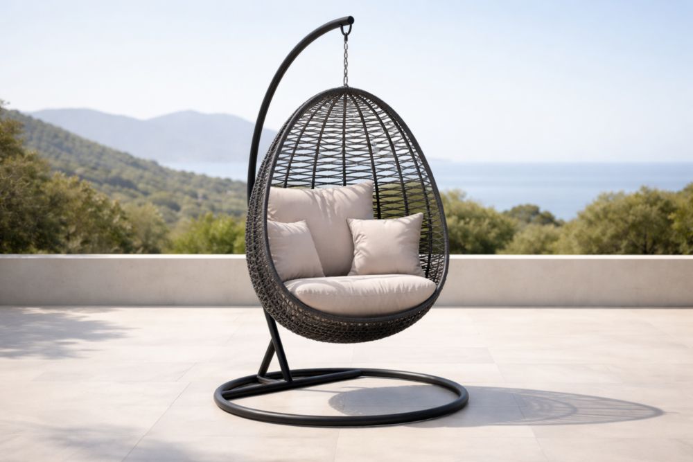 Polyrattan Hängesessel mit Kissen und Stahlgestell Schwarz Grau-Xelpure