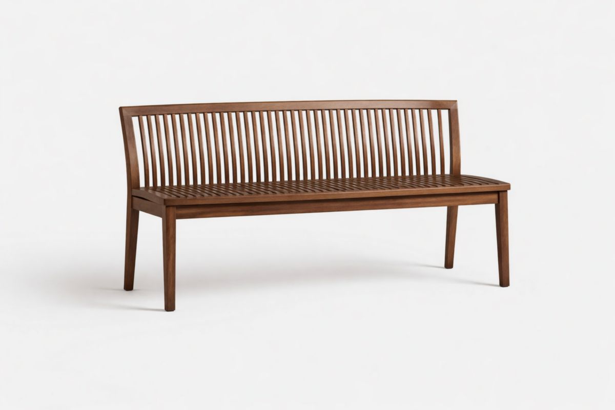 Braune Vollholzbank mit Rückenlehne, 150 cm Länge