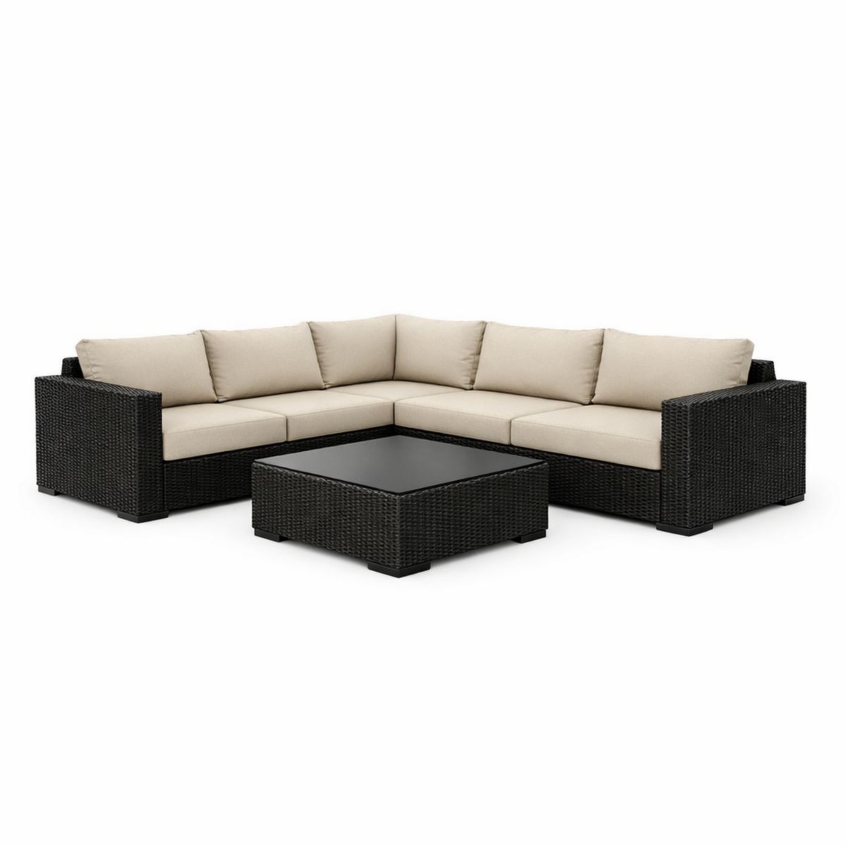 Garten-Ecksofa-Set aus Polyrattan Schwarz Beige mit Glasplatte Tisch