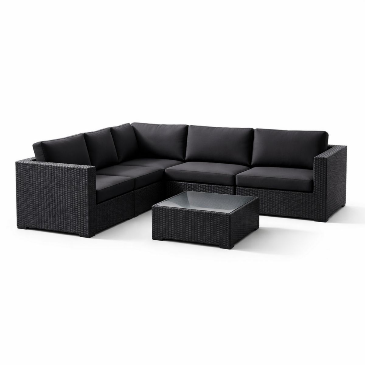 Ecksofa Set Rattan Schwarz PE-Kunststoff Glasplatte 250 cm