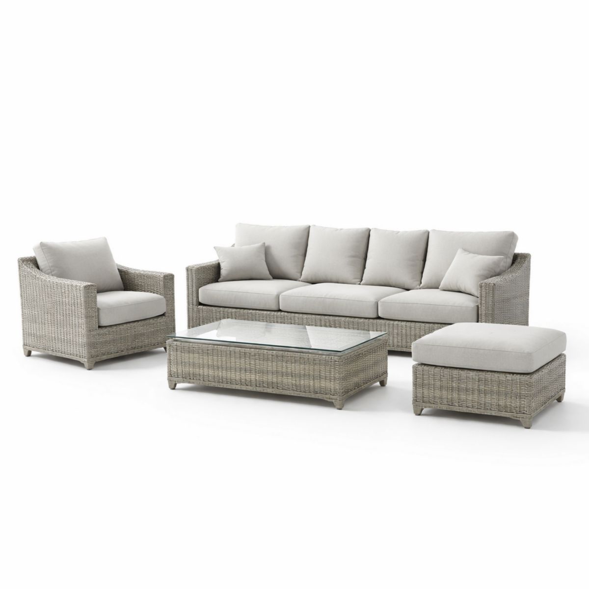 4-teiliges Gartenmöbel-Set Polyethylen-Rattan Hellgrau mit 3-Sitzer Sofa, Sessel, Couchtisch mit Glasplatte, Hocker