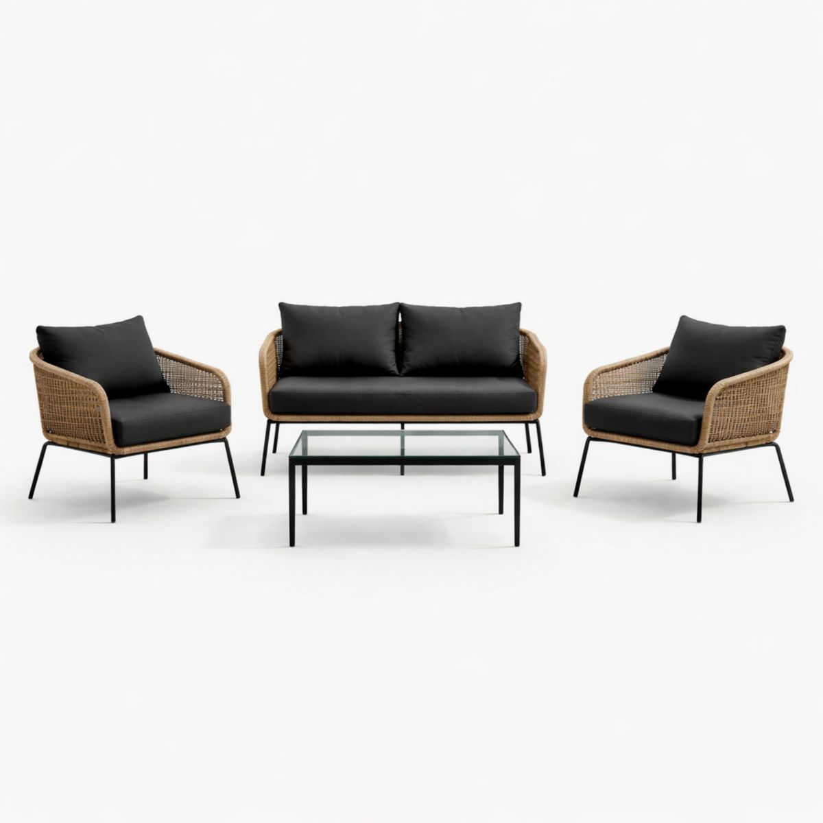 Rattan Gartensofa Set mit schwarzen Polstern und Glastisch