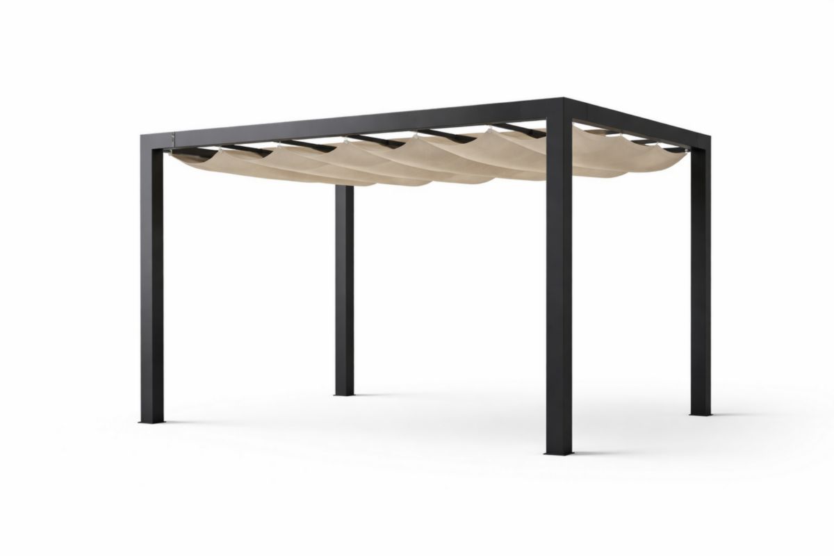 Aluminium Pergola mit Wellenförmigem Polyestersegel Schwarz Beige 3x4m(B × L)