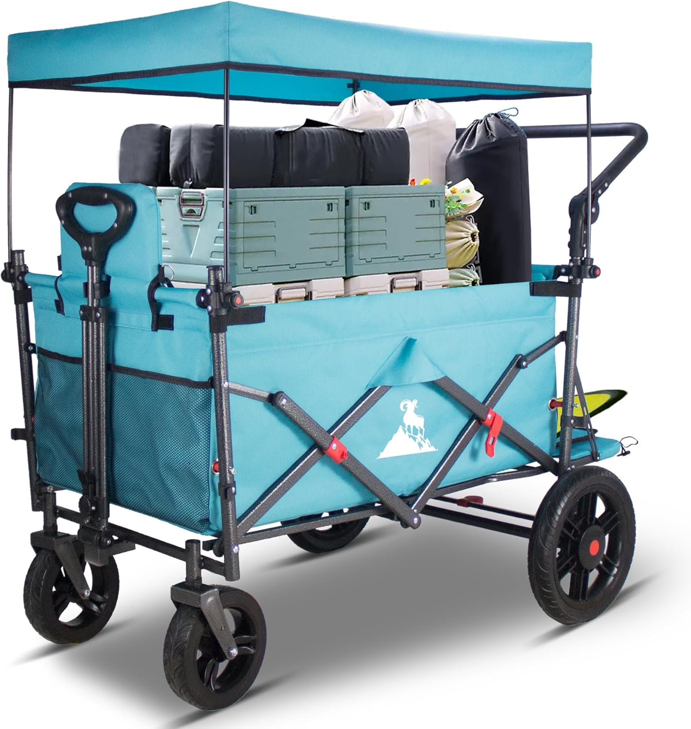 TOPWELL Chariot de camping pliable avec 2 sièges pliables, capacité de 120,2 kg, chariot de camping pliable avec roues à dégagement rapide, poignée réglable, chariot de traction pliable pour extérieur-Doviaastudio