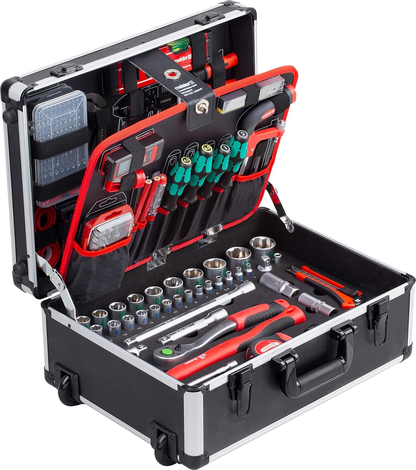 Meister 8973770 Tool Boîte à outils professionnelle remplie de qualité Knipex et Wera, manche télescopique sur roues-Doviaastudio