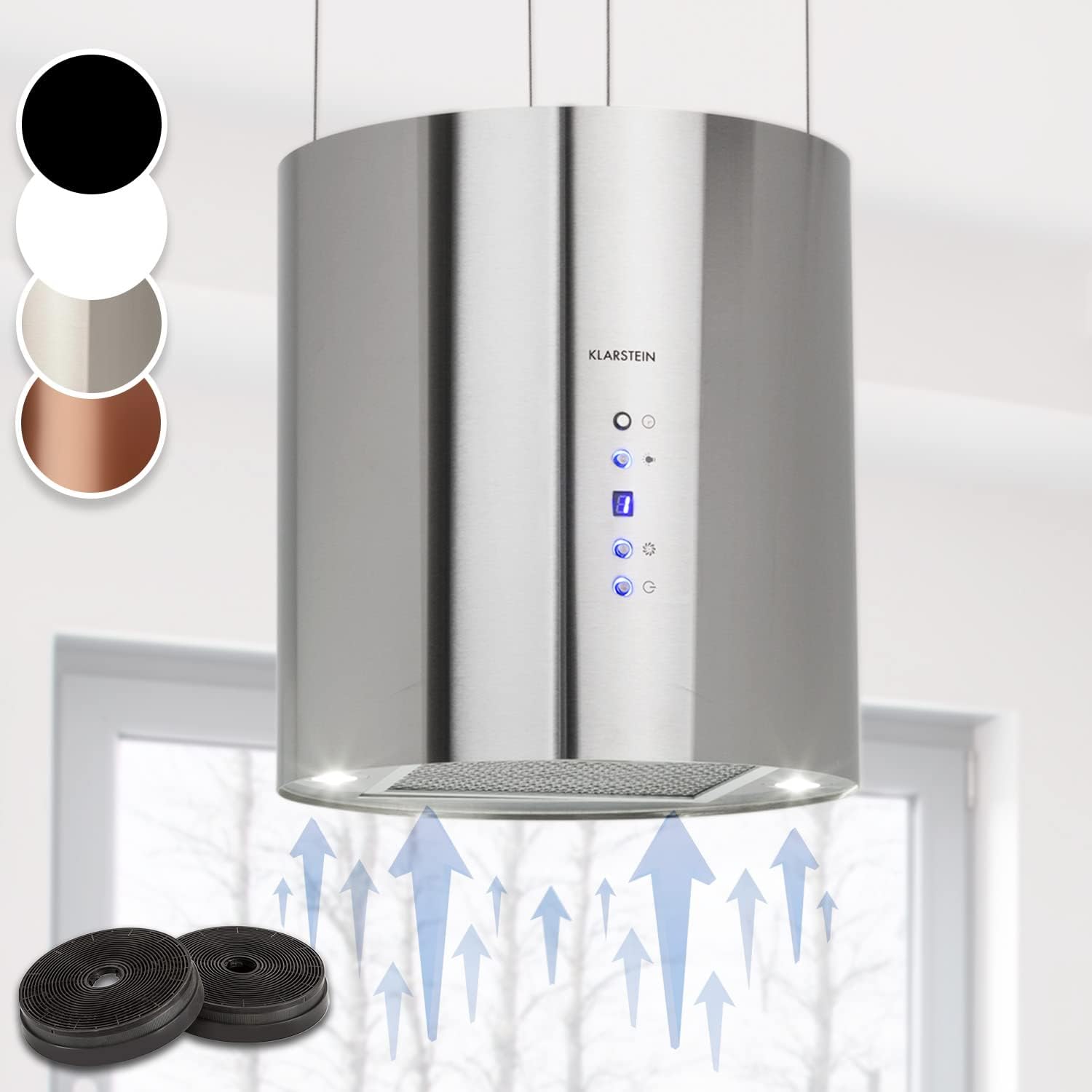 KLARSTEIN Barett - hotte aspirante îlot, hotte aspirante silencieuse diamètre 35cm, Puissance Moteur 190W, 560 m3/h Max, 3 Niveaux de Puissance, éclairage LED, INOX - Argent-Doviaastudio