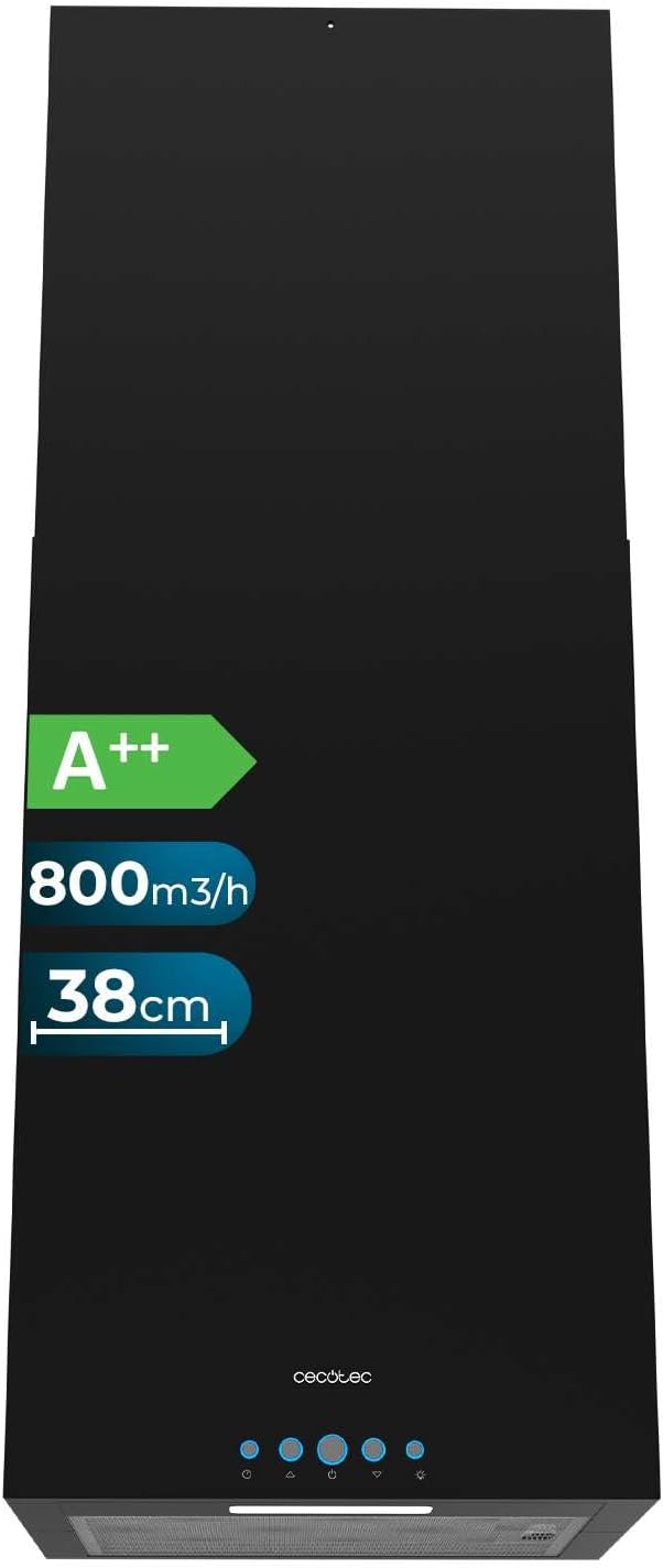 Cecotec Hotte Aspirante 38cm îlot Carré Bolero Flux Ict 388000 Black A++. Finition Noire, Aspiration 800M3/H, Moteur 210W, Commande Electronique, Lumière, Filtre à Charbon-Doviaastudio