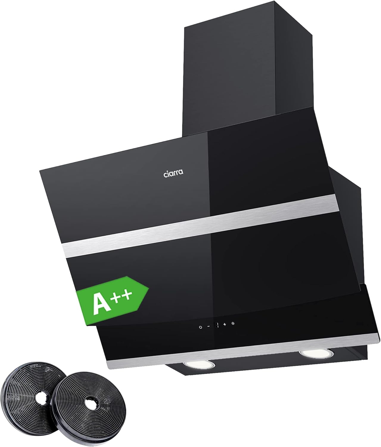 CIARRA CBCB6736N Class A++ Hotte Aspirante 60cm 650 m3/h - Hotte Inclinée - 4 Vitesses - 2 Niveaux de Luminosité LED Dimmable - Commande Tactile - Recyclage/Evacuation - Noir-Doviaastudio