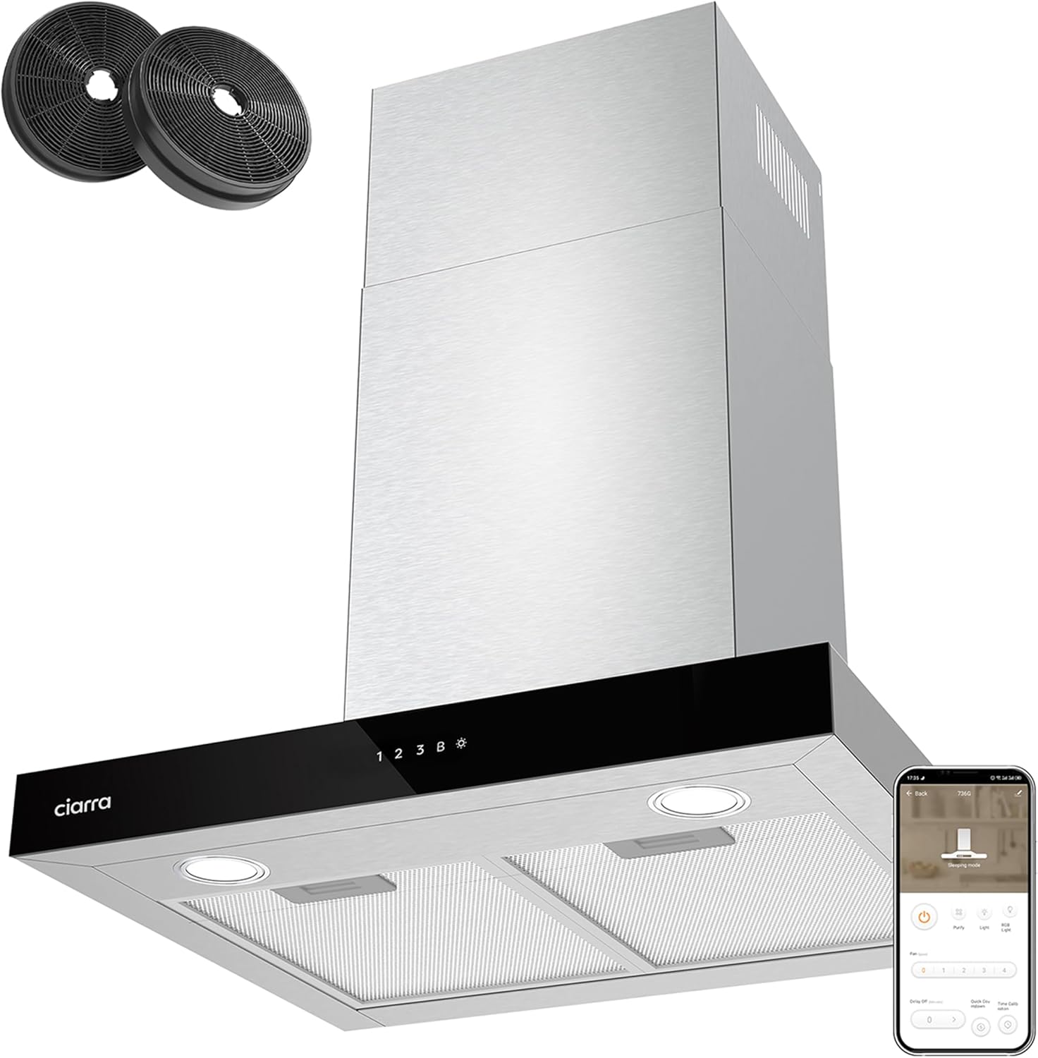 Ciarra Hotte Aspirante 60cm A+++ 650 m3/h, 4 Vitesses et Boost, Silencieuse, Commande Tactile et WiFi, Éclairage LED Réglable - Inox - CBCS6102-Doviaastudio