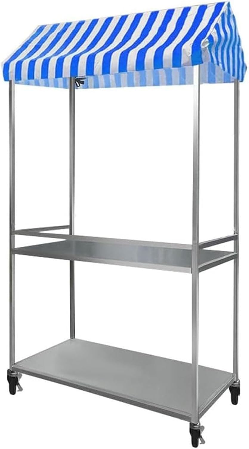 Chariot mobile de fournisseur de nourriture avec auvent rayé, étal de marché pliable à 2 niveaux, roues verrouillables, chariot de nourriture de rue avec cadre en fer pour marchés et événements bleu-Doviaastudio