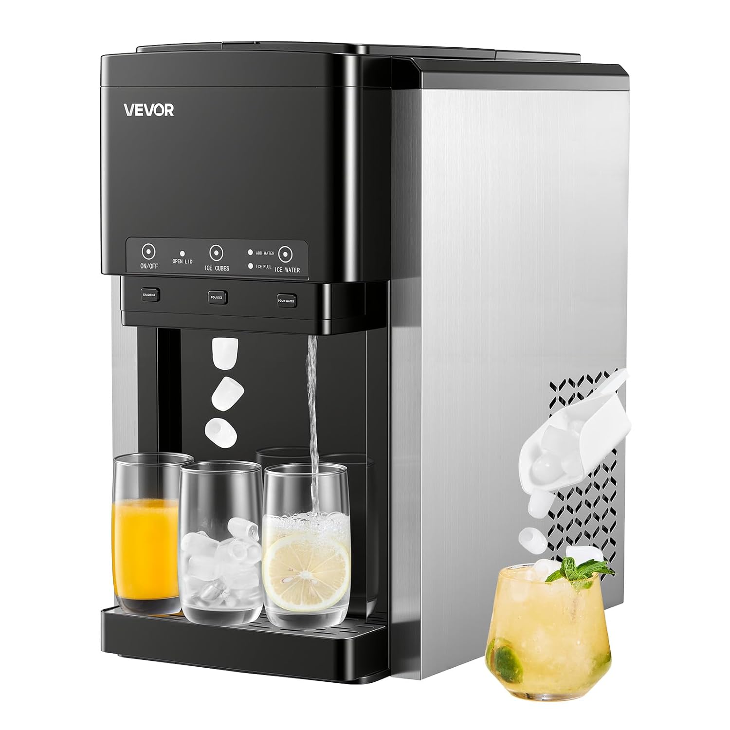 VEVOR Distributeur d'Eau 3-en-1 avec Machine à Glaçons et Broyeur à Glace, Fontaine à Eau à Poser, pour Fête Cuisine Maison Bureau, Production Rapide de Cube 16 kg/24 h et 12 PCs/7 min, avec Pelle-Doviaastudio