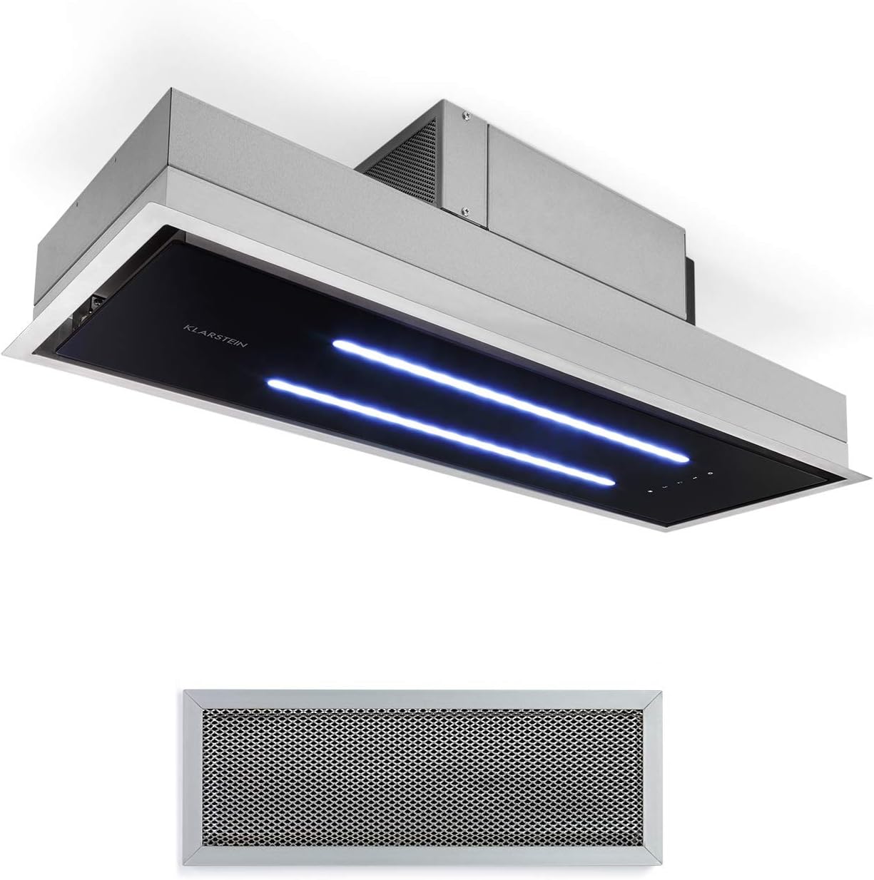 Klarstein High Line Hotte aspirante de plafond - encastrée, 77 cm, 410 m3/h, air de circulation et d'évacuation, 3 niveaux, LED, télécommande et filtre à charbon actif, inox/verre noir-Doviaastudio