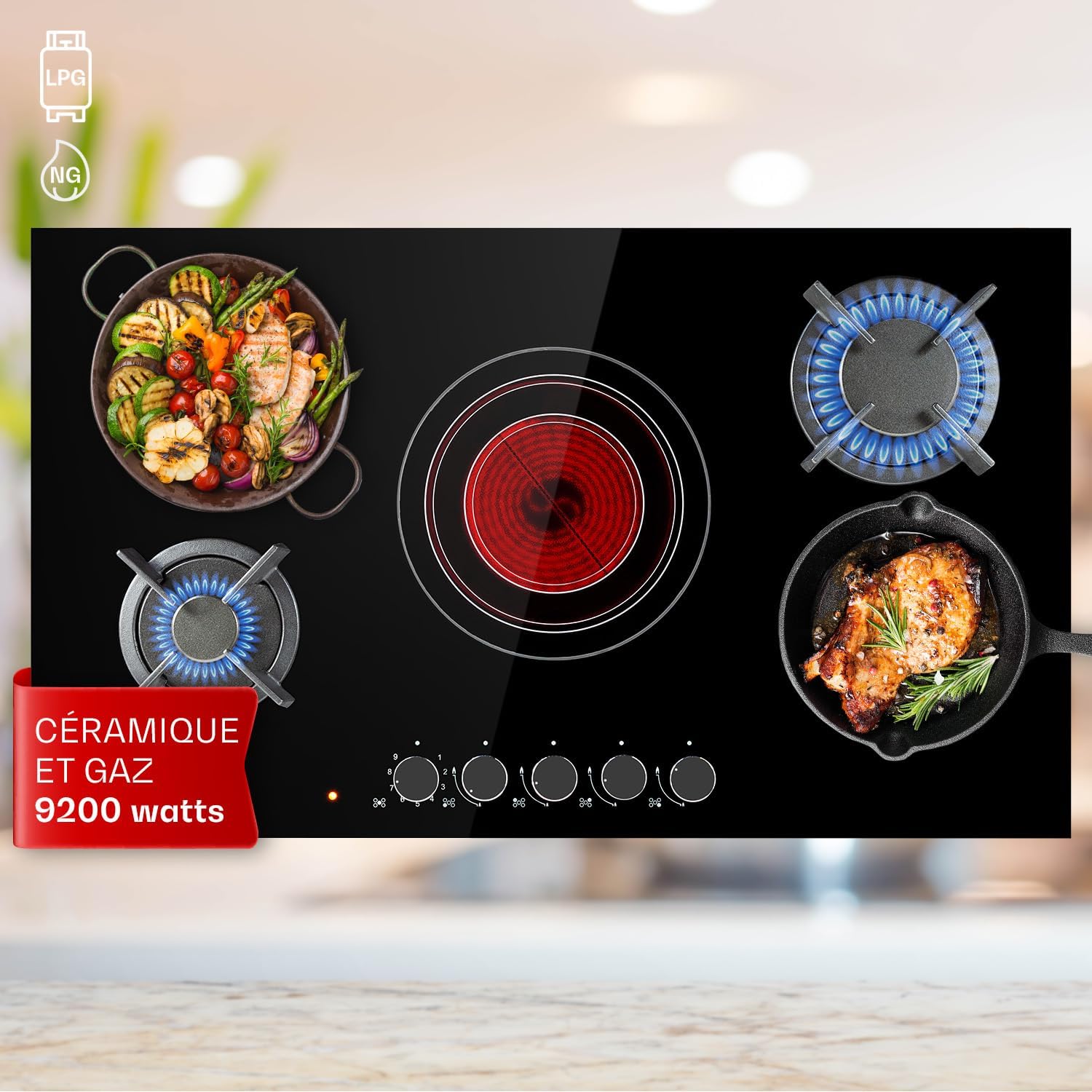 Klarstein Plaque de Cuisson Mixte Gaz et Vitrocéramique 5 Feux, Table de Cuisson Vitro de 9.2 kW en Acier Inoxydable-Doviaastudio