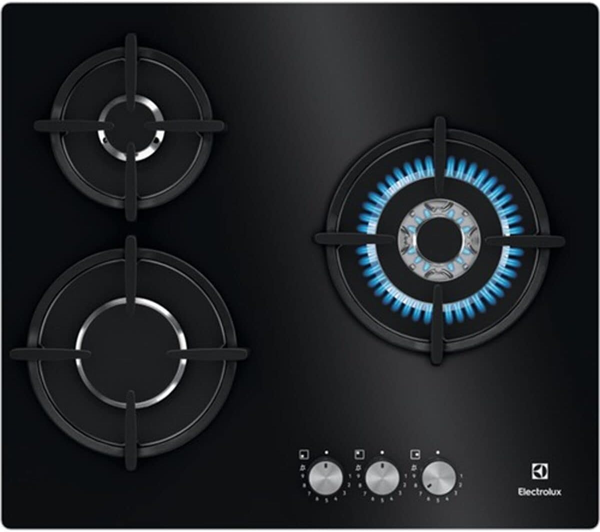 Electrolux KGE6633NOK Plaque de gaz de 60 cm et 3 zones, zone Wok, commandes avant, chaleur instantanée, allumage automatique, thermocouple de sécurité, avec injecteurs d'échange, noir-Doviaastudio