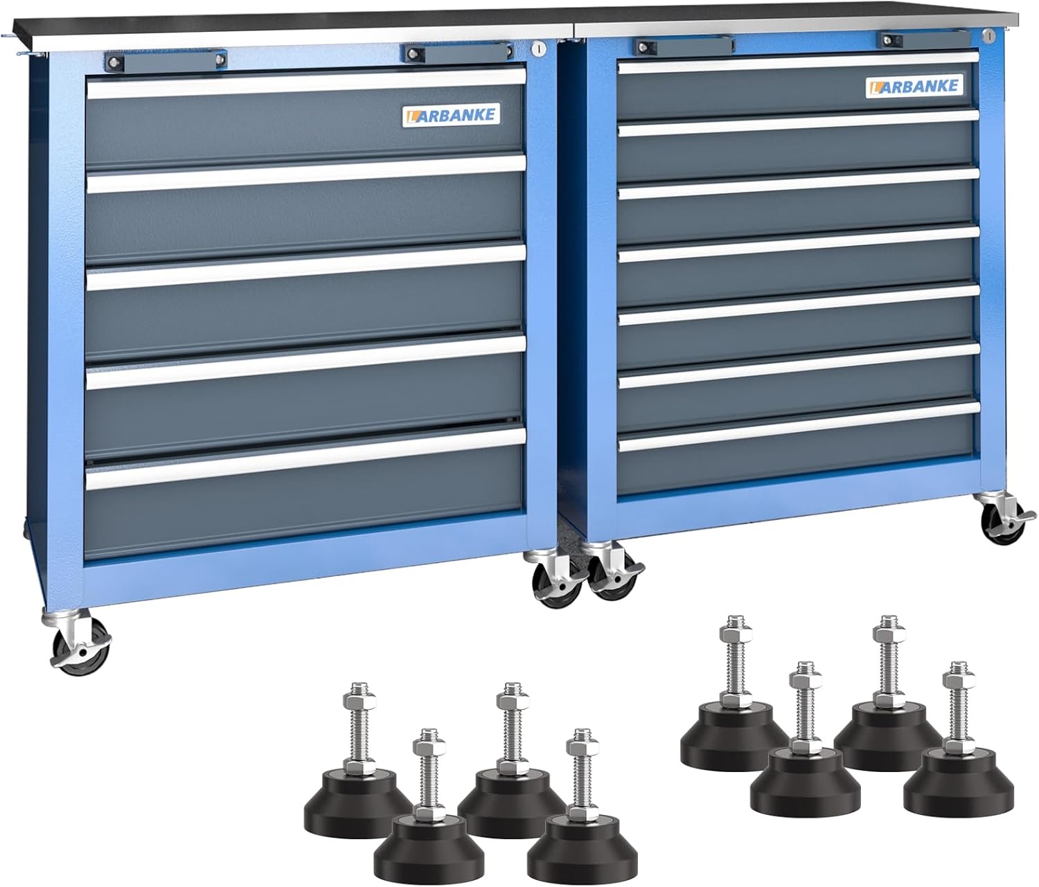 LARBANKE Commode à outils combinée à 12 tiroirs avec plan de travail en acier inoxydable, système de verrouillage, meuble de rangement à outils avec roulettes et pieds rembourrés-Doviaastudio