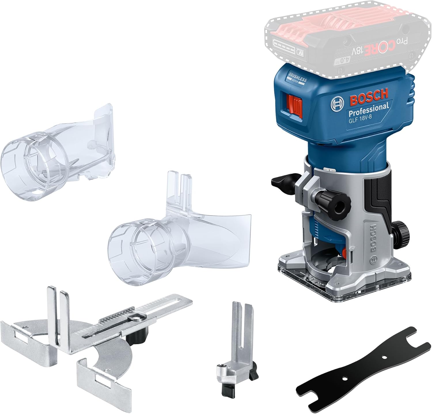 Bosch Professional 18V System Défonceuse portative GLF 18V-8 butée longitudinale, adapt. aspiration surfaçage, adapt. aspiration fraisage, galet de guidage, pince 8 mm, clé, sans batterie/chargeur-Doviaastudio
