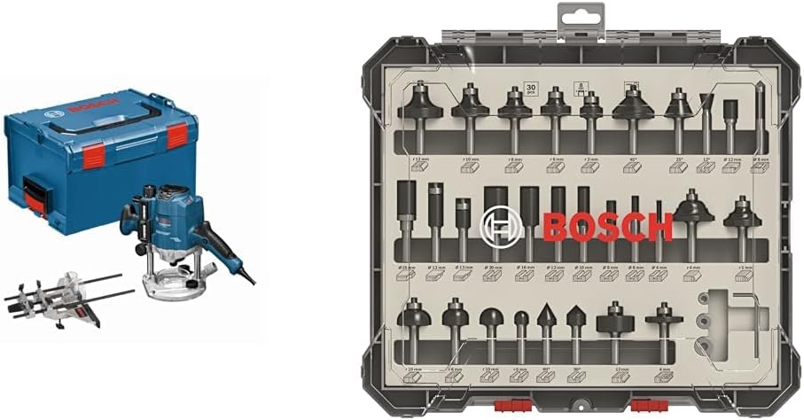 Bosch Professional 0601626001 Défonceuse GOF CE 1250 W 10000-24000 tours/min + Bosch Professional 30 pièces Kit de Fraises Mixtes pour bois, diamètre 8 mm Queue, Accessoires de Fraises d'Encastrement-Doviaastudio