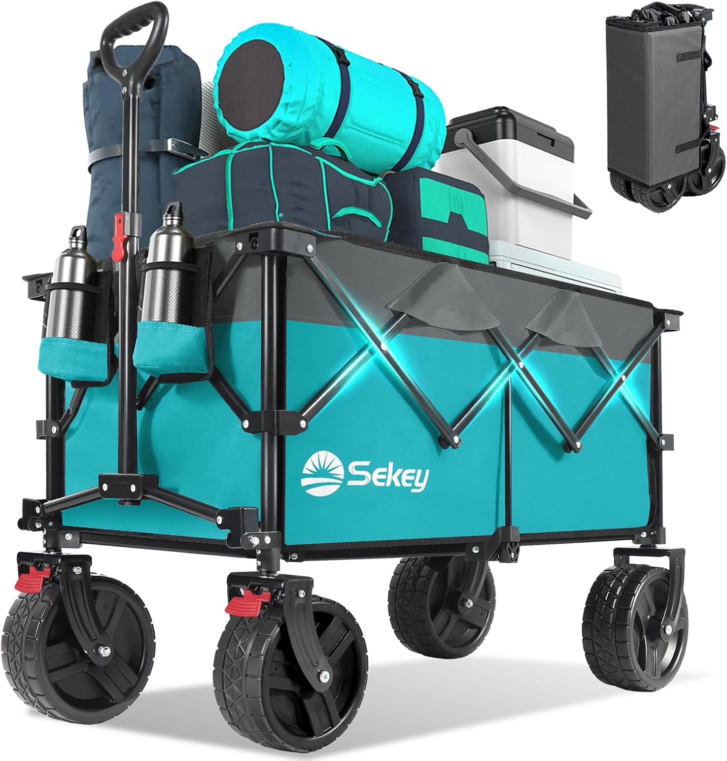 Sekey Chariot pliable avec capacité de poids de 99,8 kg, chariot de jardin utilitaire pliable robuste avec grandes roues de plage tout-terrain et porte-gobelets. Turquoise-Doviaastudio
