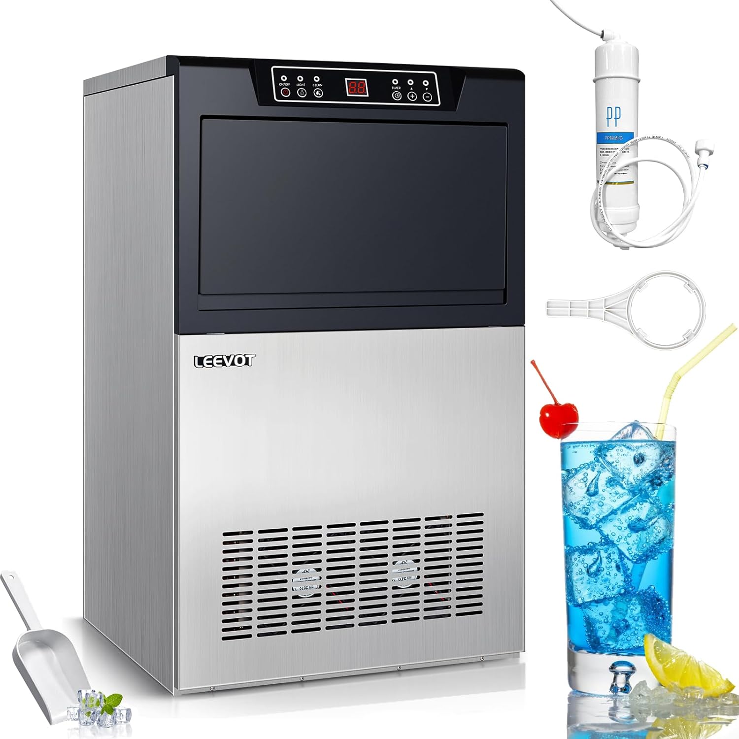 LEEVOT Machine à glaçons professionnelle - Machine à glace maison 45 kg/24 h, 320 W, pour maison, bar et usage commercial-Doviaastudio