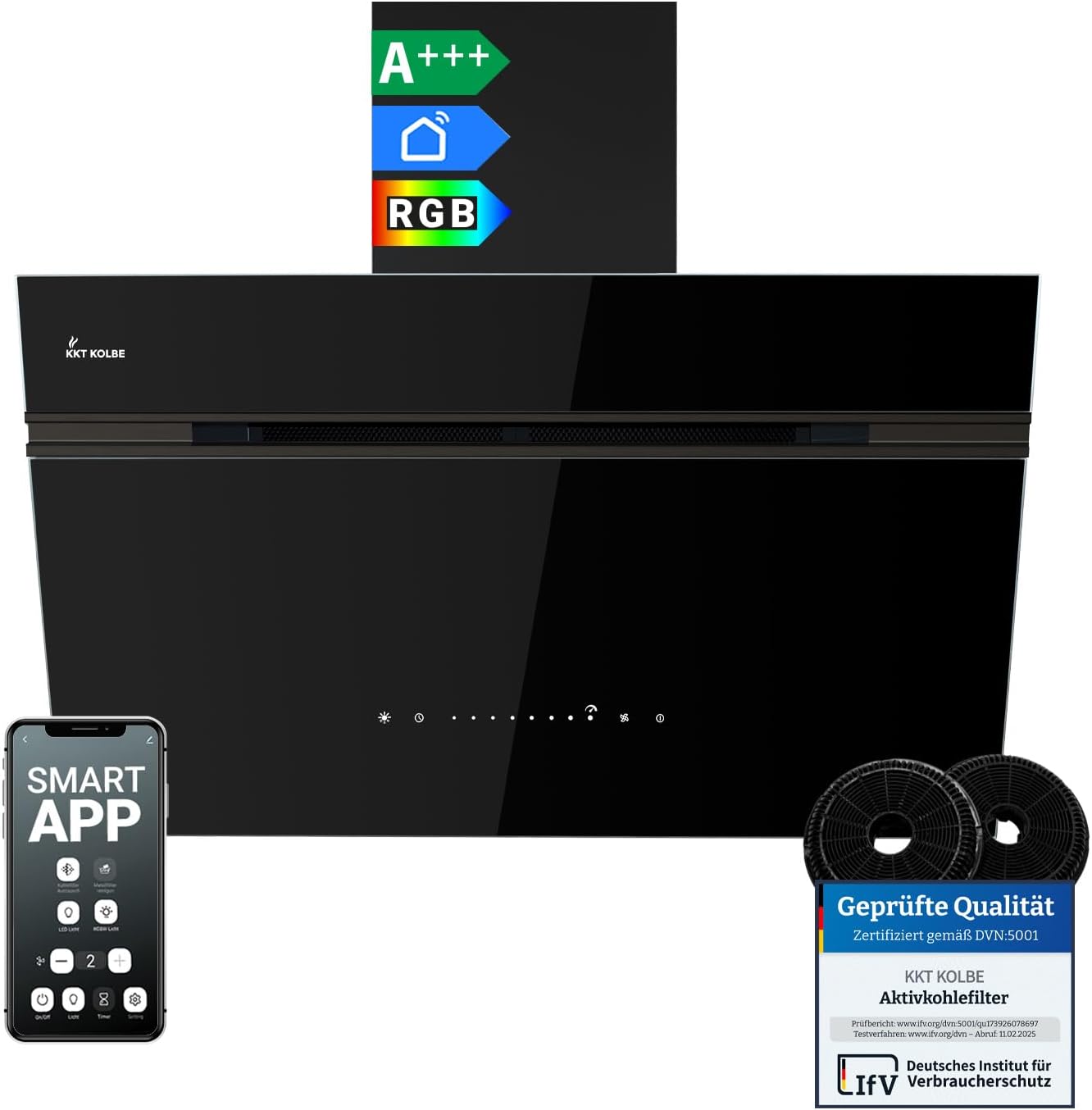 KKT KOLBE AURORA8005FB Hotte aspirante 80 cm 782 m3/h à recirculation d'air évacuée Hotte murale sans tête Noir Verre Fonction de suivi automatique Application Smart WiFi SensorTouch-Doviaastudio