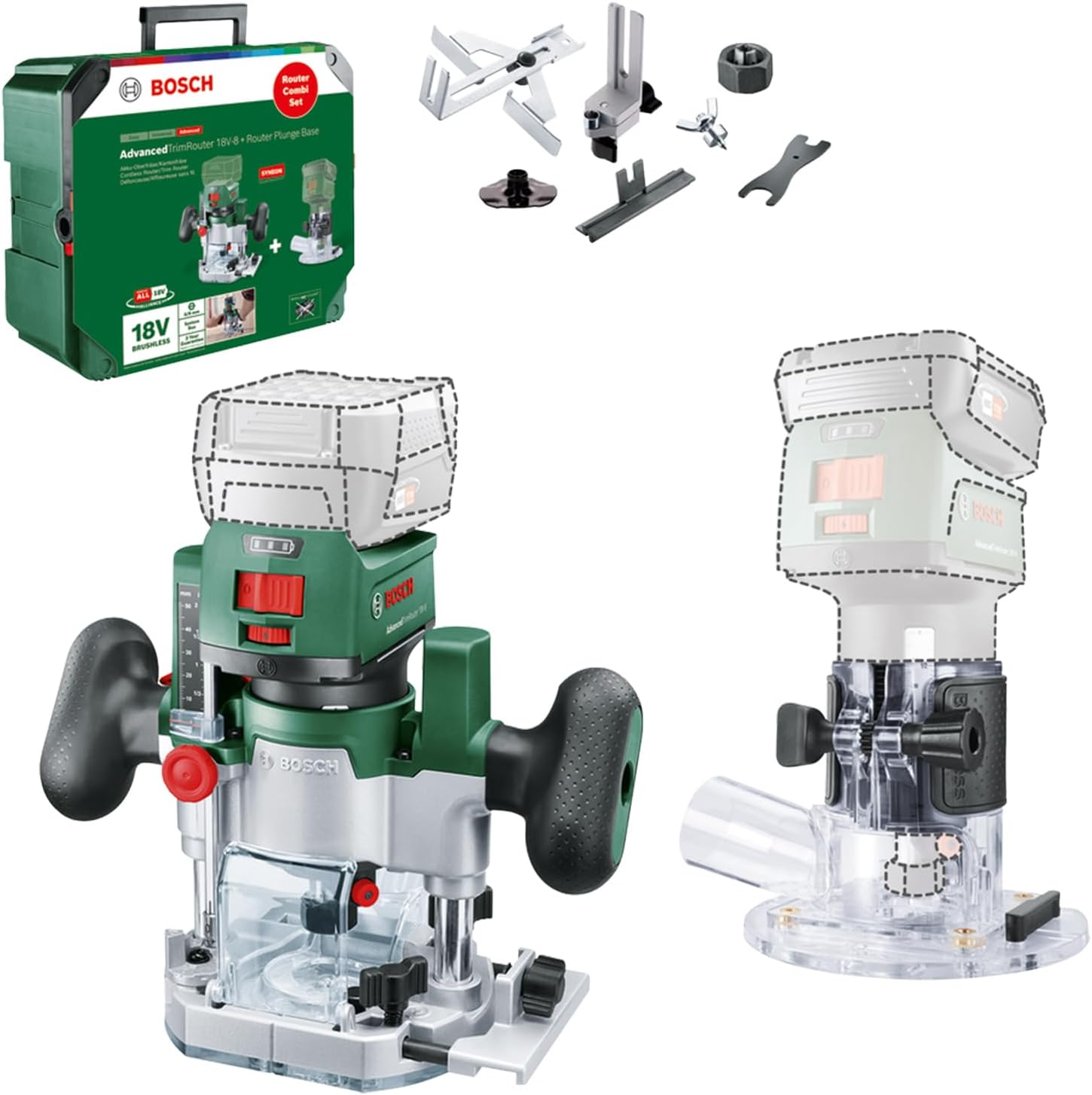 Bosch Home and Garden Défonceuse plongeante/de coupe 2en1 sans fil Défonceuse AdvancedTrimRouter 18V-8 pour les bords, fentes, motifs créatifs ; 2 bases, accessoires, boîte de rangement-Doviaastudio