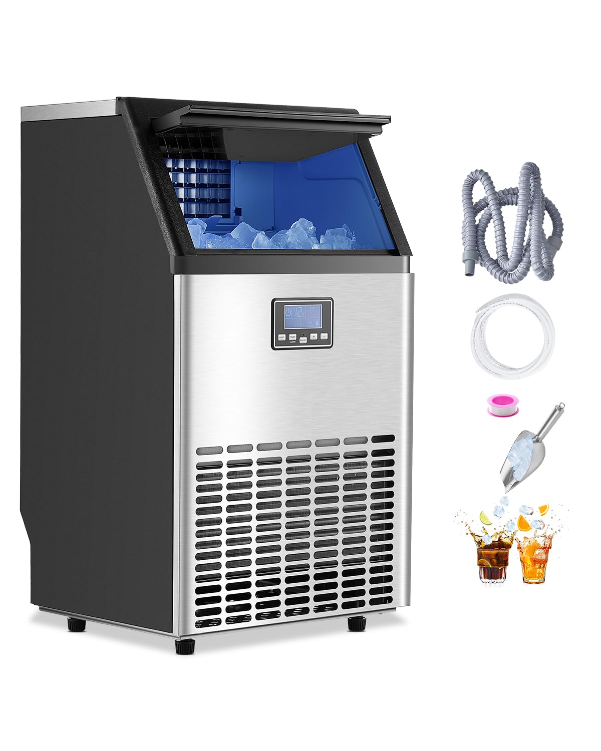 VEVOR Machine à Glaçons Autonome, Capacité de Production 45,4 kg/24 h et Capacité de Stockage de 15 kg, 45 Glaçons, Affichage Numérique LED, Fonction Autonettoyante, pour Bar, Bureau, Restaurant-Doviaastudio