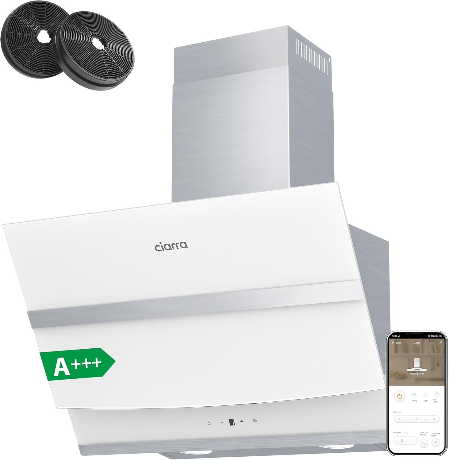 Ciarra ASW6736N Hotte Inclinée 60cm A+++ 650 m3/h - Commande Tactile et Wi-Fi - 4 Vitesses et Boost - Filtre à Charbon CBCF003 Inclus - Blanche-Doviaastudio