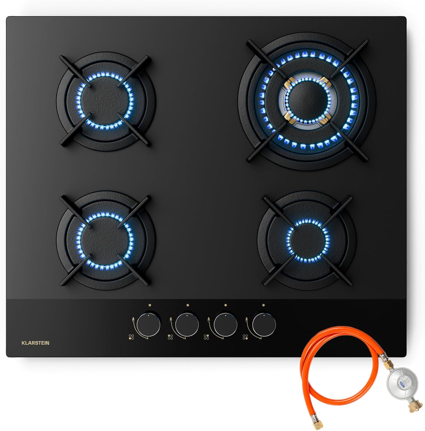 Klarstein Goldflame Nano Plaque De Cuisson Gaz, 4 Brûleurs Laiton, 8kW, 60cm, Verre Nano, Allumage Auto et Sécurité Flamme, Compatible GN/GPL, Kit Conversion Inclus, Plaque Gaz Cuisine-Doviaastudio