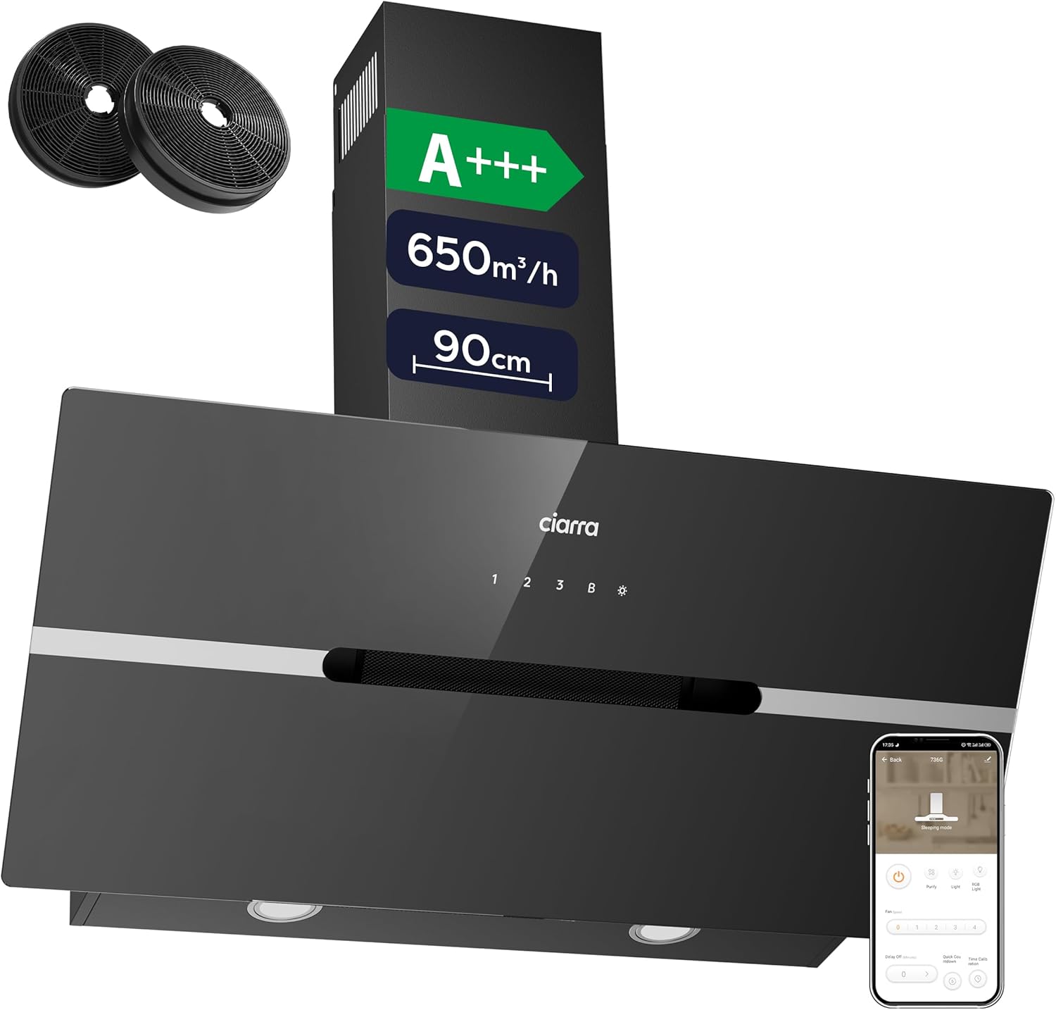 CIARRA CBCB9736F Hotte Aspirante Inclinée 90 cm 650m3/h - Classe A+++ - Filtre à Charbon Inclus - WiFi et Commande Tactile- 3 Vitesses et Fonction Boost - LED Dimmable - Noire-Doviaastudio