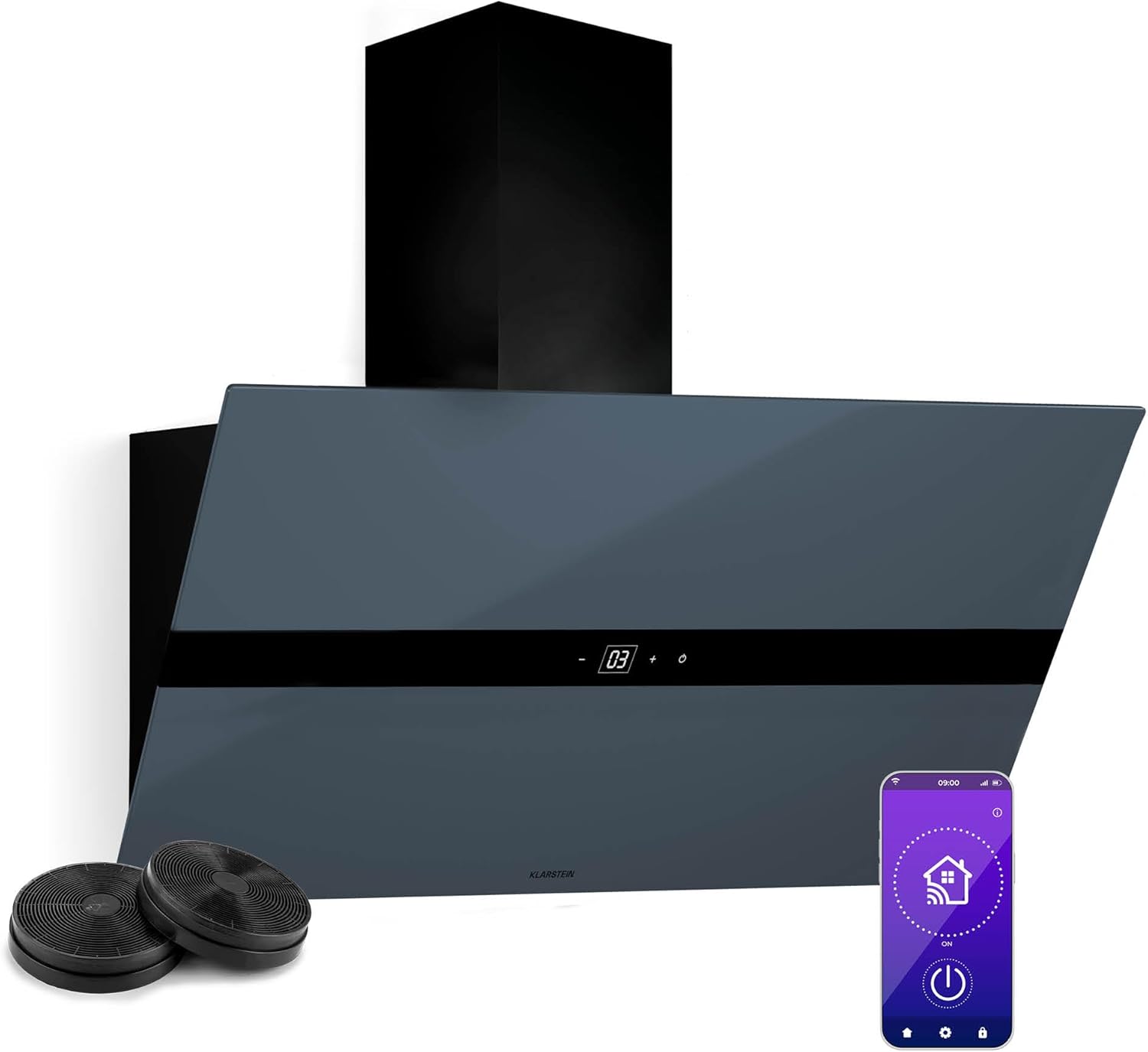 Klarstein WiFusion Hotte Aspirante - 90 cm, 690 m3/h, CEE A++, Commande Wi-Fi et Tactile, LED 6000-6500 K, Silencieuse 52 dB, Hotte de Cuisine, Noire, Filtre à Charbon Inclus-Doviaastudio