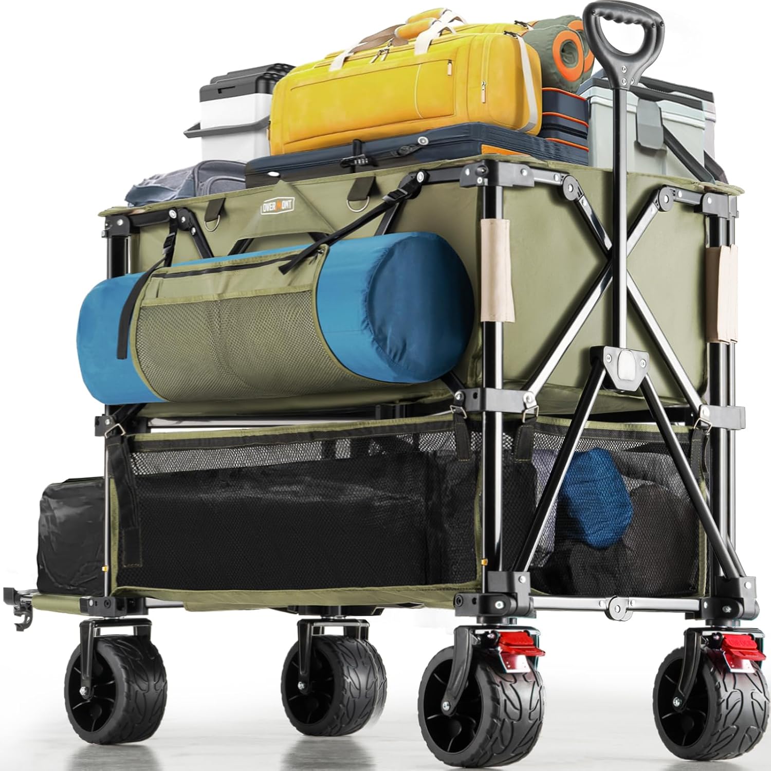 Overmont Chariot Pliable à Deux étages - Chariot Pliable Robuste avec Pont inférieur de 119,4 cm, Grandes Roues Tout-Terrain pour Camping, Sport, Shopping, Jardin et Plage, supporte jusqu'à 150 kg-Doviaastudio