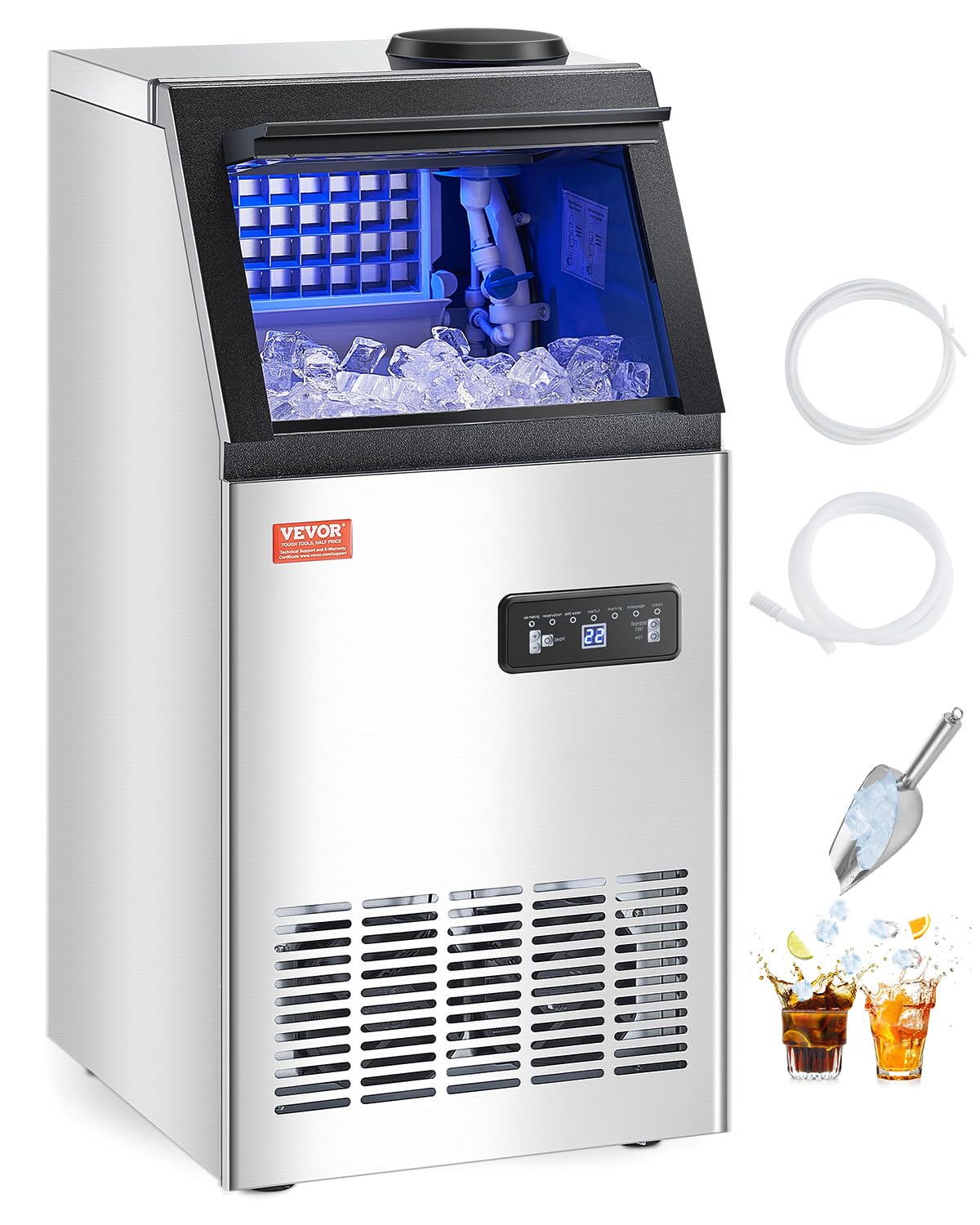 VEVOR Machine à Glaçons Autonome, Capacité de Production 50 kg/24 h et Capacité de Stockage de 12,7 kg, 36 Glaçons en 15 Minutes, Affichage Numérique LED et Fonction Autonettoyante, pour Bar, Bureau-Doviaastudio